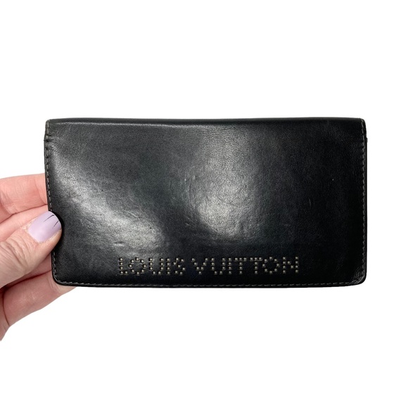 RARE Authentic Louis Vuitton Black Slim Leather Perforated Studded Long Wallet - Picture 7 of 16